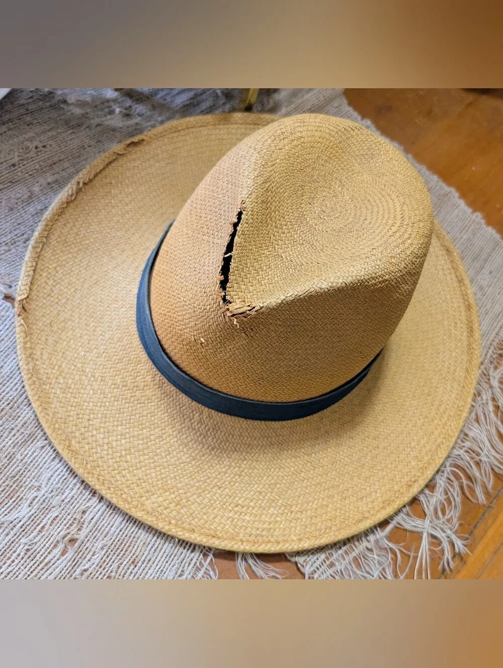 Janessa Leone ‘Panton’ Tan Straw Hat with  Lamb Leather Band DAMAGE/READ